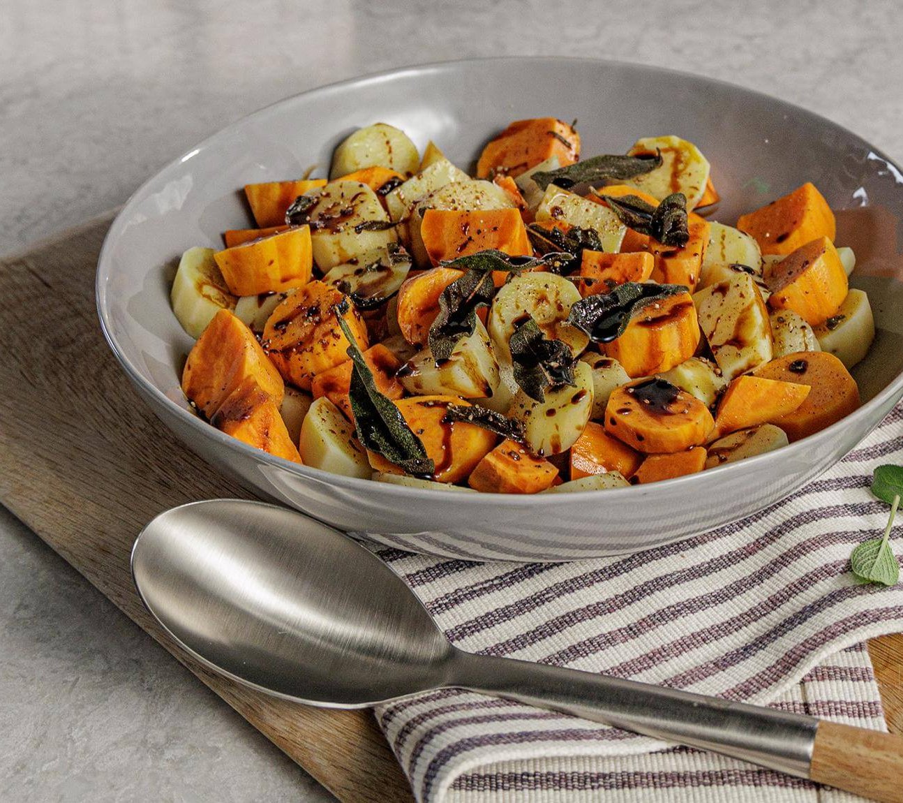 Steamed Sweet Potatoes with Sage Butter and Balsamic