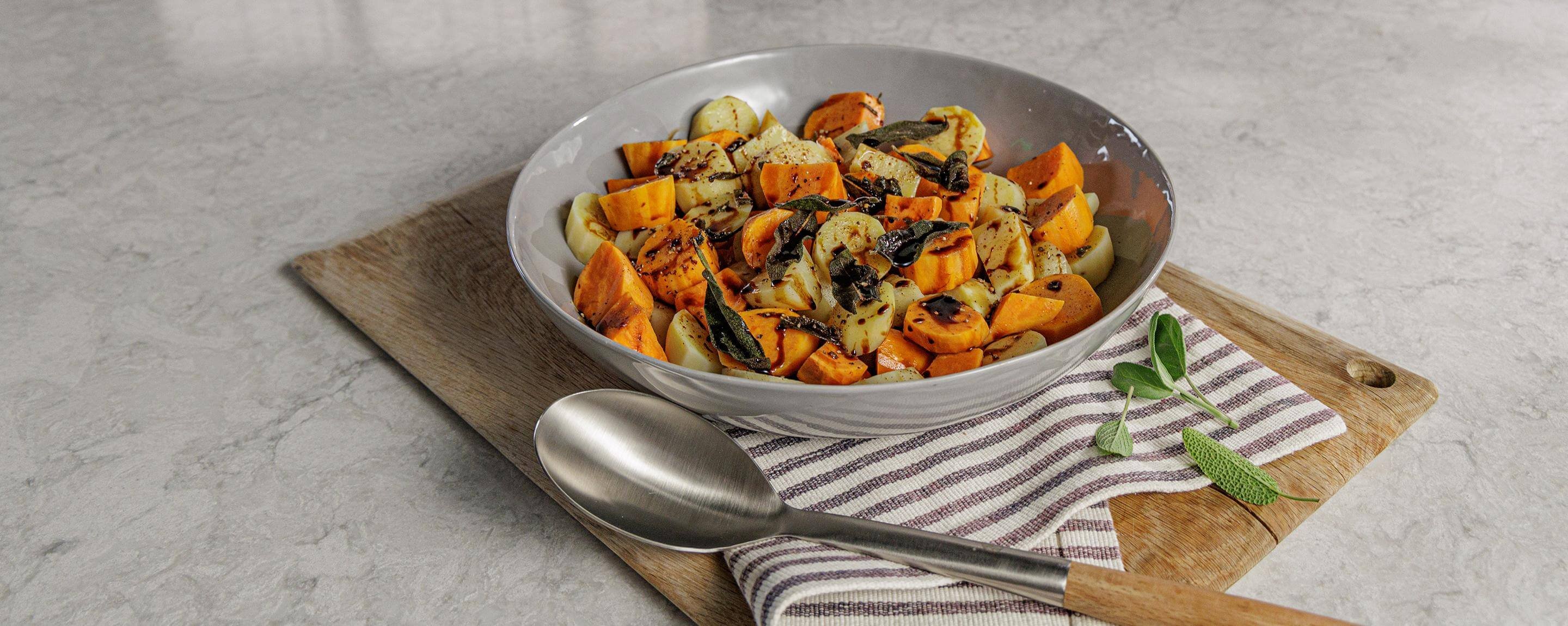 Steamed Sweet Potatoes with Sage Butter and Balsamic